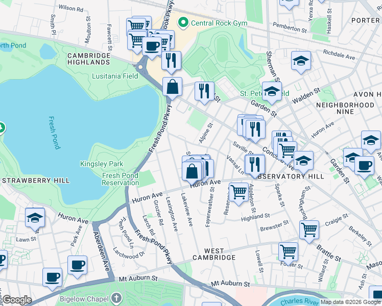 map of restaurants, bars, coffee shops, grocery stores, and more near 45 Standish Street in Cambridge