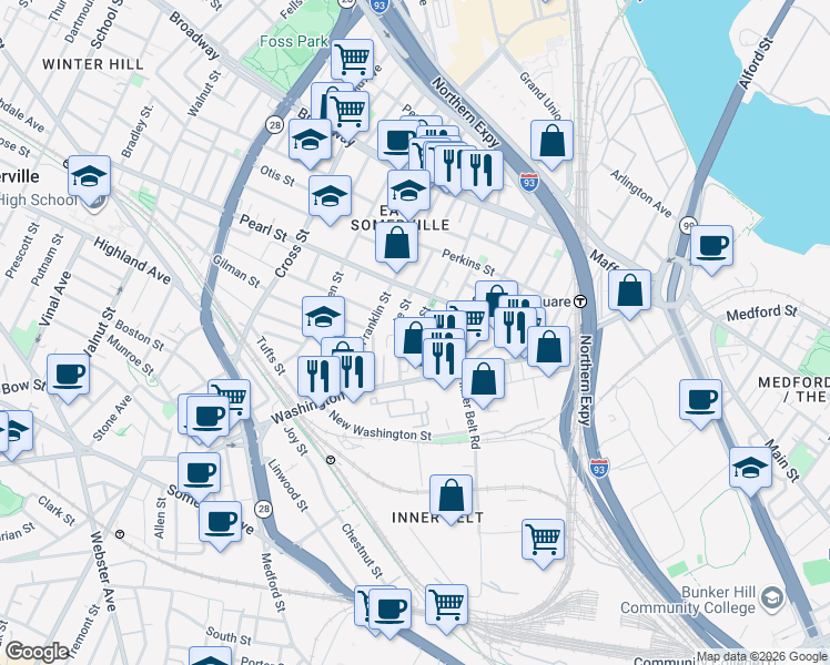 map of restaurants, bars, coffee shops, grocery stores, and more near 16 Florence Street in Somerville