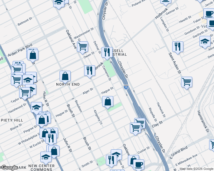 map of restaurants, bars, coffee shops, grocery stores, and more near 1000 Alger Street in Detroit