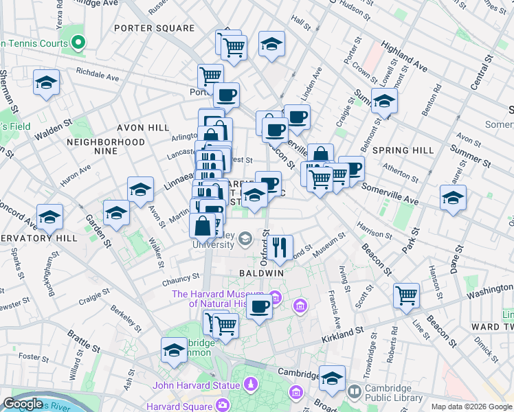 map of restaurants, bars, coffee shops, grocery stores, and more near 20 Sacramento Place in Cambridge