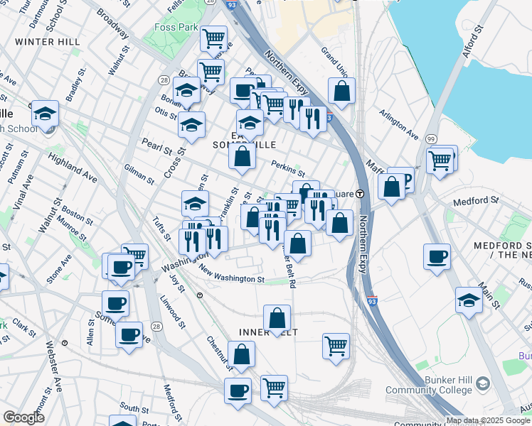 map of restaurants, bars, coffee shops, grocery stores, and more near 89 Mount Vernon Street in Somerville
