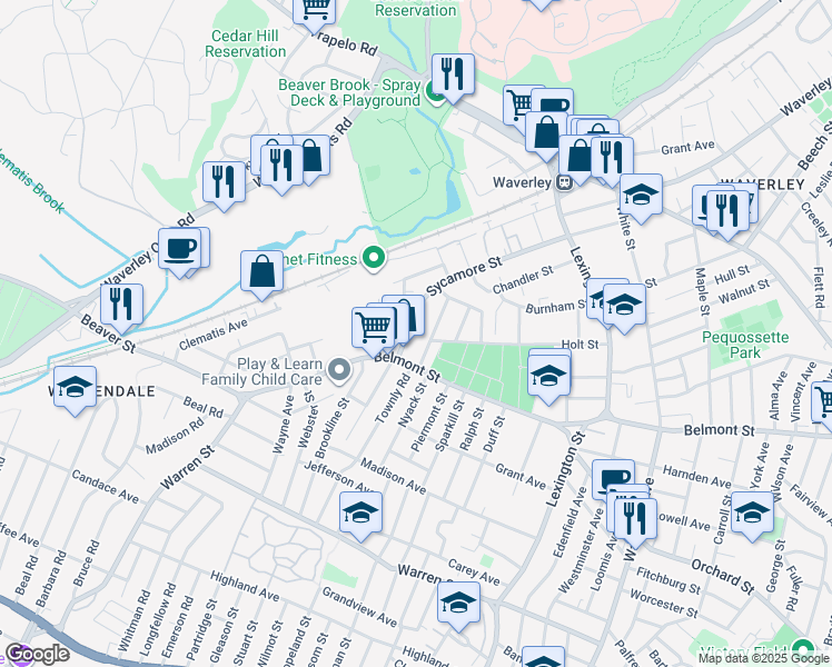 map of restaurants, bars, coffee shops, grocery stores, and more near 15 Harrington Street in Watertown