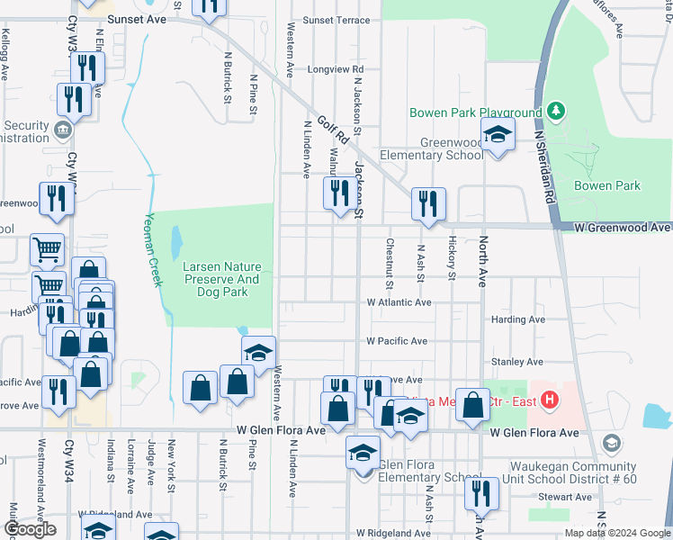 map of restaurants, bars, coffee shops, grocery stores, and more near 1705 Walnut Street in Waukegan