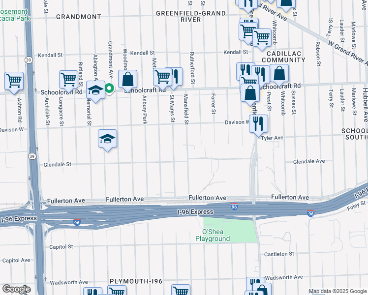 map of restaurants, bars, coffee shops, grocery stores, and more near 12859 Mansfield Street in Detroit