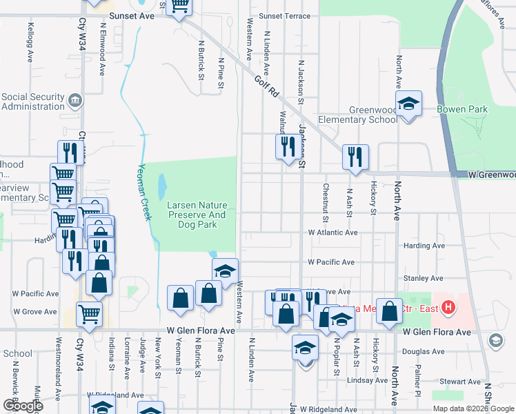 map of restaurants, bars, coffee shops, grocery stores, and more near 1620 North Linden Avenue in Waukegan