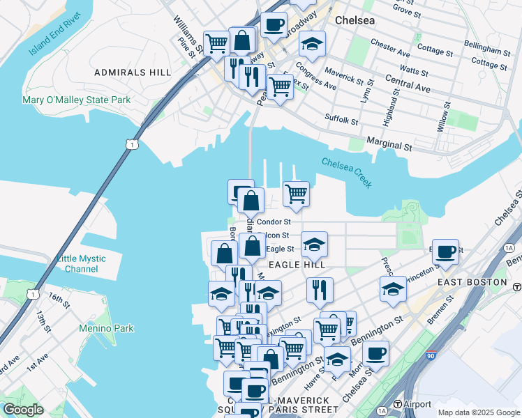 map of restaurants, bars, coffee shops, grocery stores, and more near 38 Nay Street in Boston