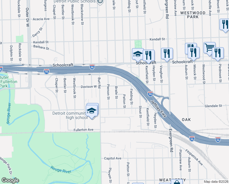 map of restaurants, bars, coffee shops, grocery stores, and more near 12921 Braile Street in Detroit