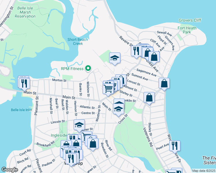map of restaurants, bars, coffee shops, grocery stores, and more near 15 Taylor Street in Winthrop