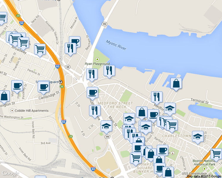 map of restaurants, bars, coffee shops, grocery stores, and more near 73 Baldwin Street in Boston