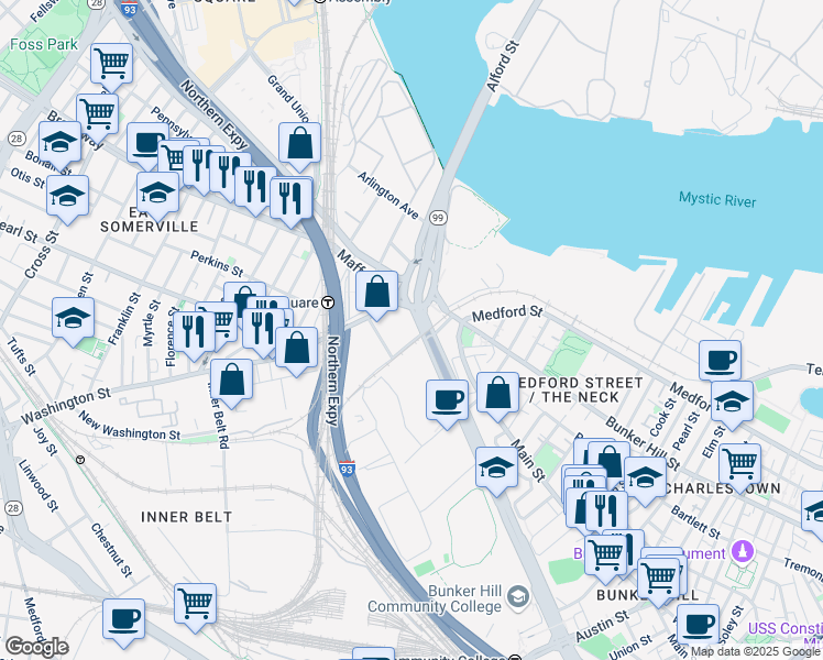 map of restaurants, bars, coffee shops, grocery stores, and more near 547 Rutherford Avenue in Boston