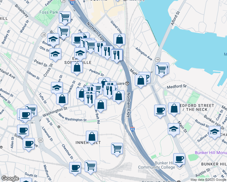 map of restaurants, bars, coffee shops, grocery stores, and more near 99-103 Cambridge Street in Boston