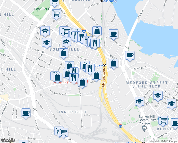 map of restaurants, bars, coffee shops, grocery stores, and more near 99-103 Cambridge Street in Boston