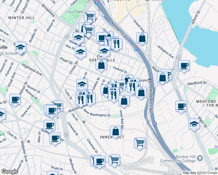 map of restaurants, bars, coffee shops, grocery stores, and more near 16 Florence Street in Somerville