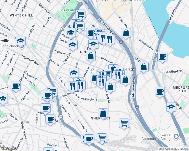 map of restaurants, bars, coffee shops, grocery stores, and more near 16 Florence Street in Somerville