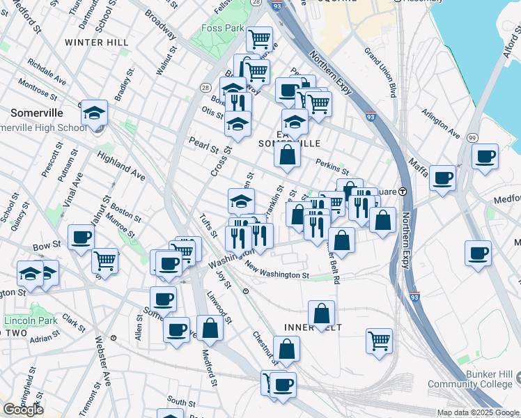 map of restaurants, bars, coffee shops, grocery stores, and more near 26 Franklin Avenue in Somerville