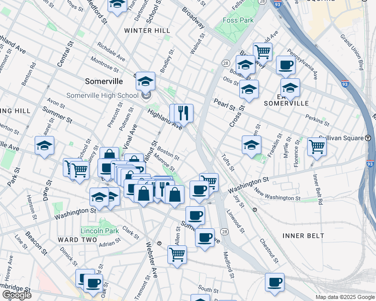map of restaurants, bars, coffee shops, grocery stores, and more near 53 Boston Street in Somerville