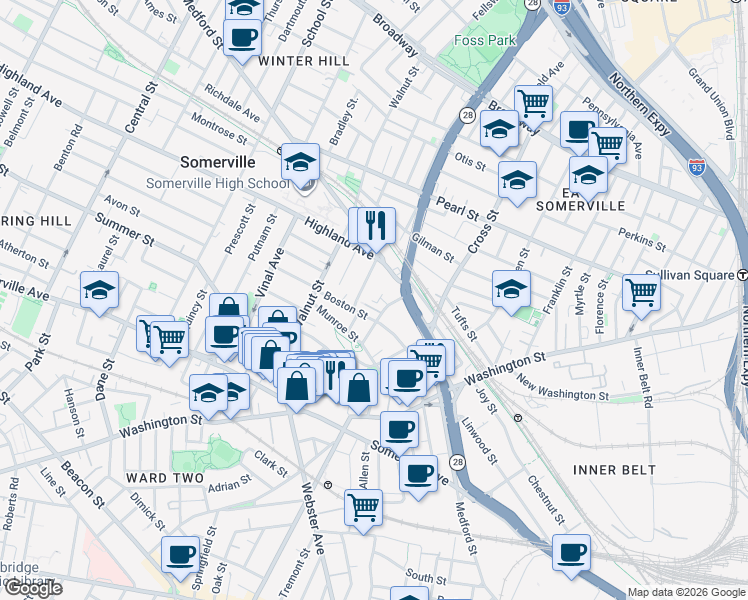 map of restaurants, bars, coffee shops, grocery stores, and more near 53 Boston Street in Somerville