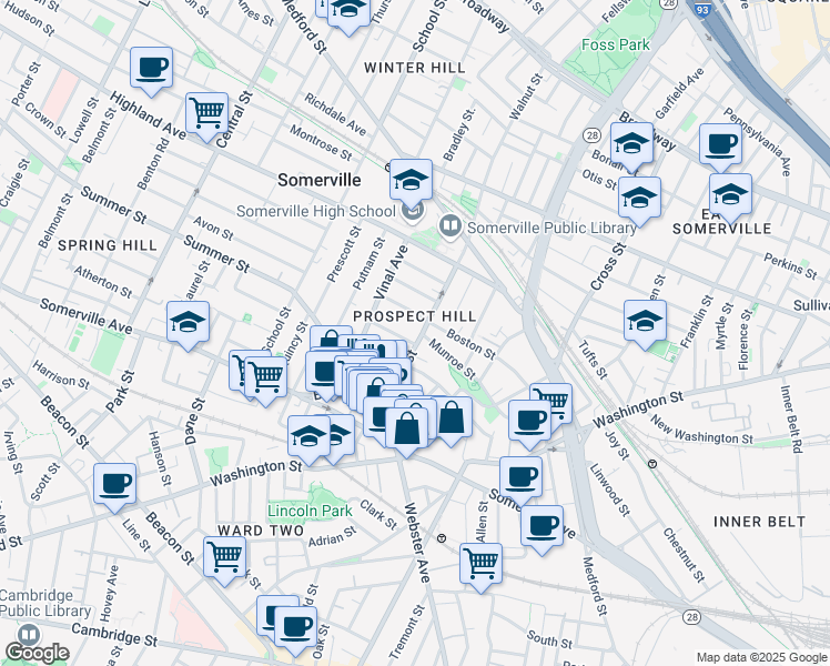 map of restaurants, bars, coffee shops, grocery stores, and more near 33 Walnut Street in Somerville