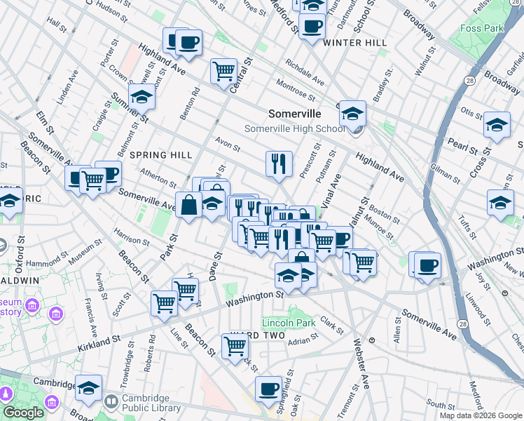 map of restaurants, bars, coffee shops, grocery stores, and more near in Somerville