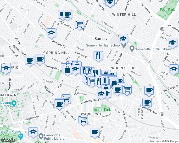 map of restaurants, bars, coffee shops, grocery stores, and more near 15 School Street in Somerville