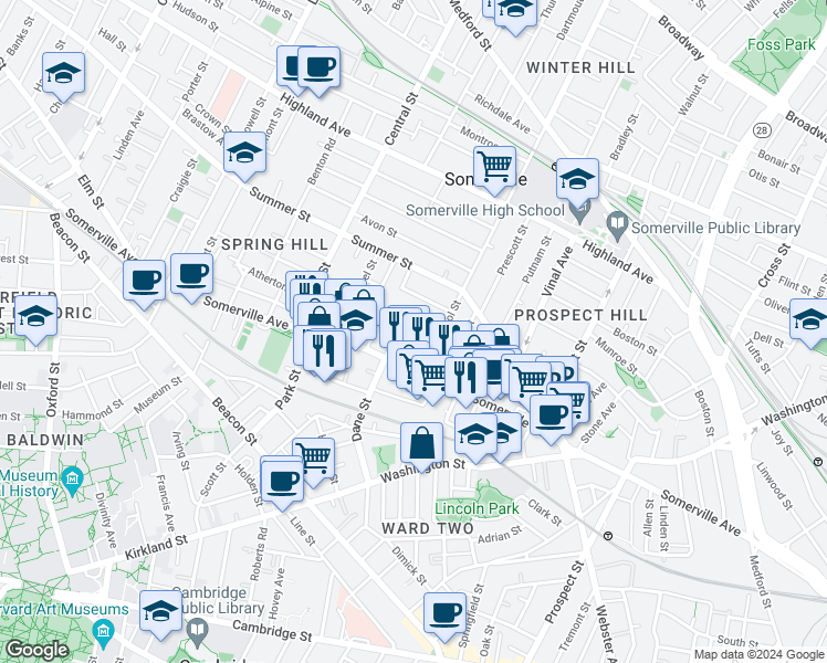 map of restaurants, bars, coffee shops, grocery stores, and more near 460 Somerville Avenue in Somerville