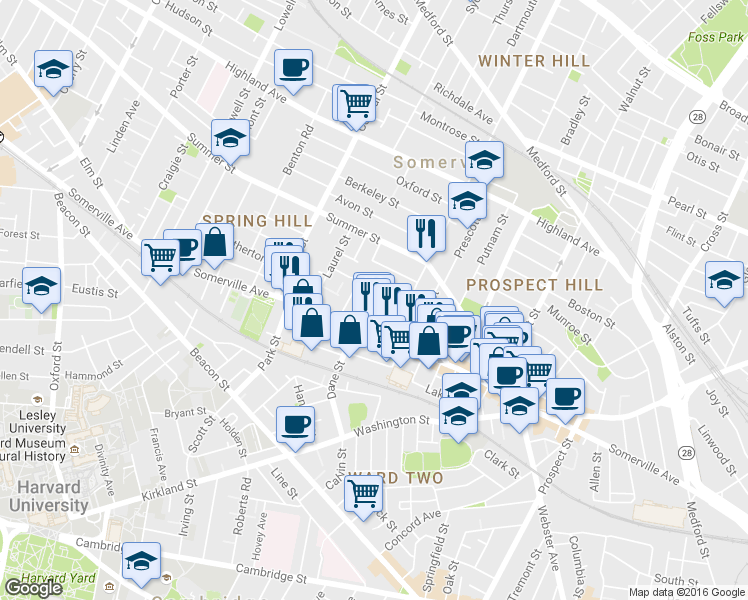 map of restaurants, bars, coffee shops, grocery stores, and more near 460 Somerville Avenue in Somerville