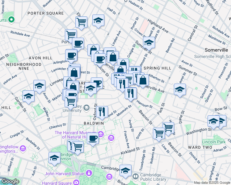 map of restaurants, bars, coffee shops, grocery stores, and more near 66 Sacramento Street in Cambridge
