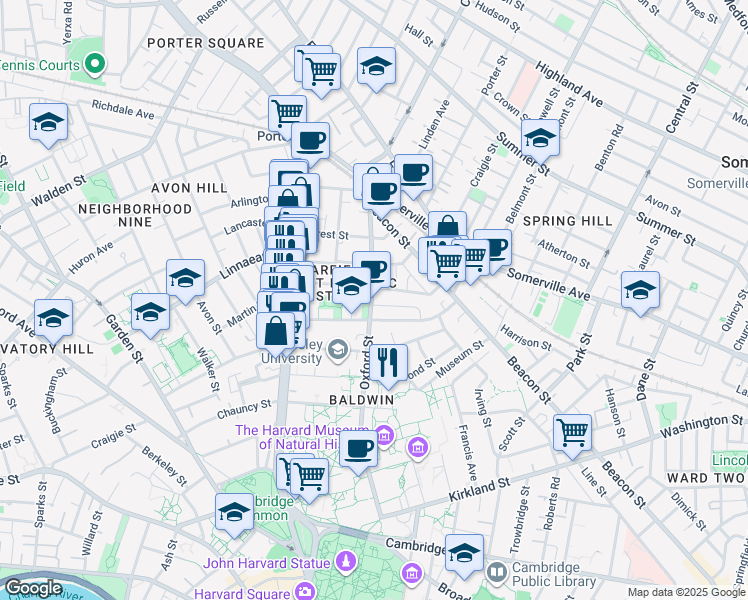 map of restaurants, bars, coffee shops, grocery stores, and more near 36 Sacramento Street in Cambridge