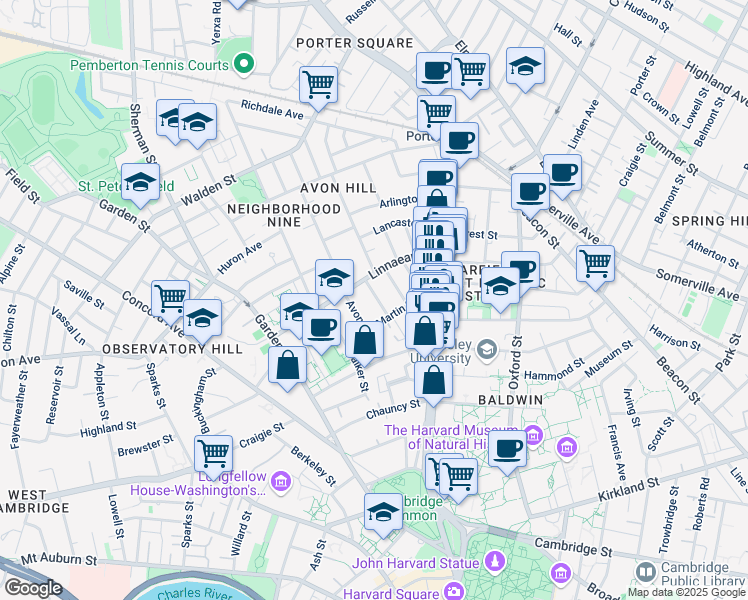 map of restaurants, bars, coffee shops, grocery stores, and more near in Cambridge