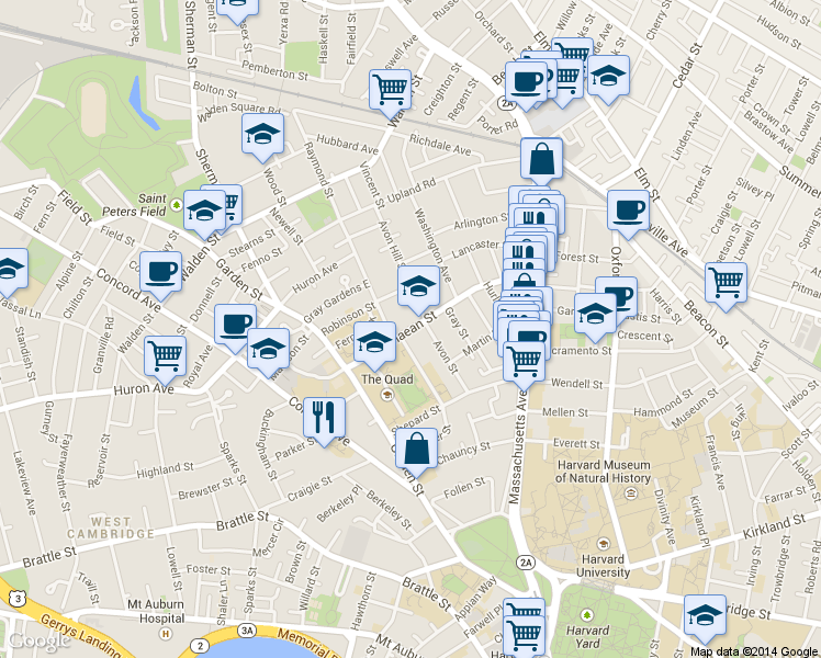 map of restaurants, bars, coffee shops, grocery stores, and more near 123 Walker Street in Cambridge