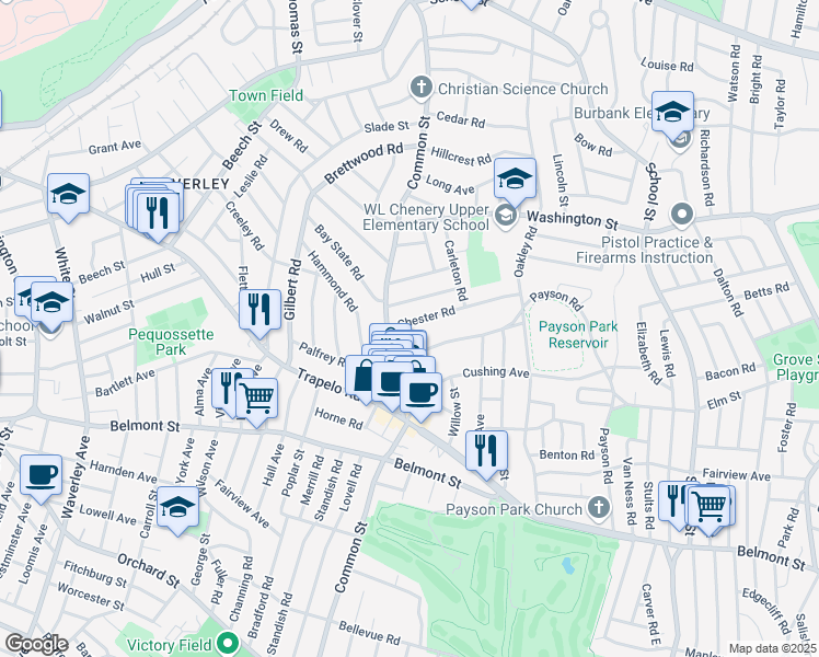 map of restaurants, bars, coffee shops, grocery stores, and more near 418 Common Street in Belmont