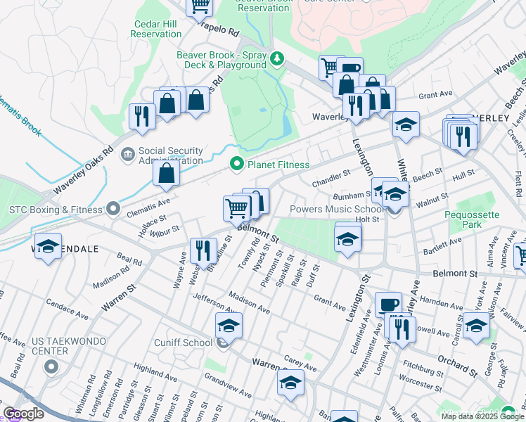 map of restaurants, bars, coffee shops, grocery stores, and more near 15 Harrington Street in Watertown
