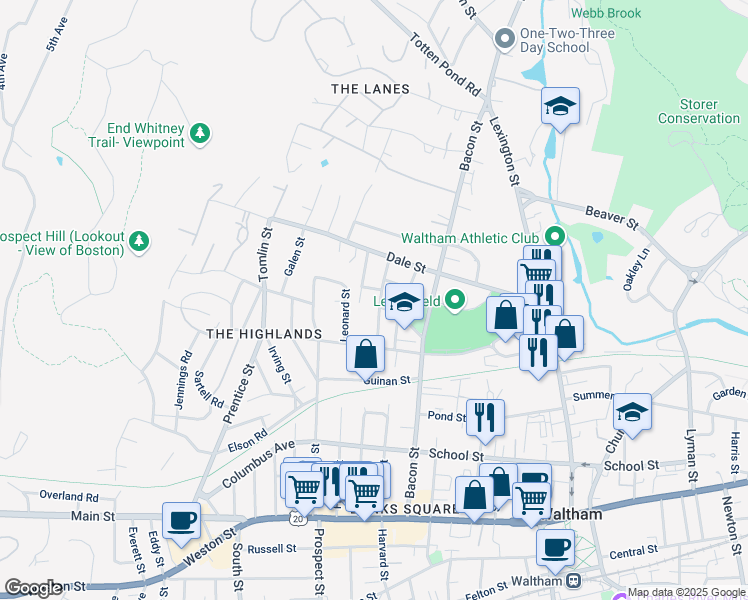 map of restaurants, bars, coffee shops, grocery stores, and more near 23 Caughey Street in Waltham