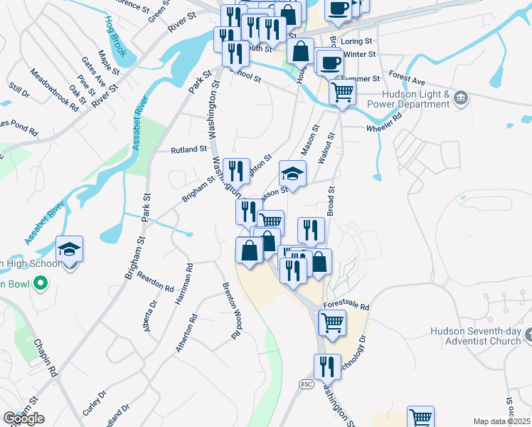 map of restaurants, bars, coffee shops, grocery stores, and more near 176 Washington Street in Hudson