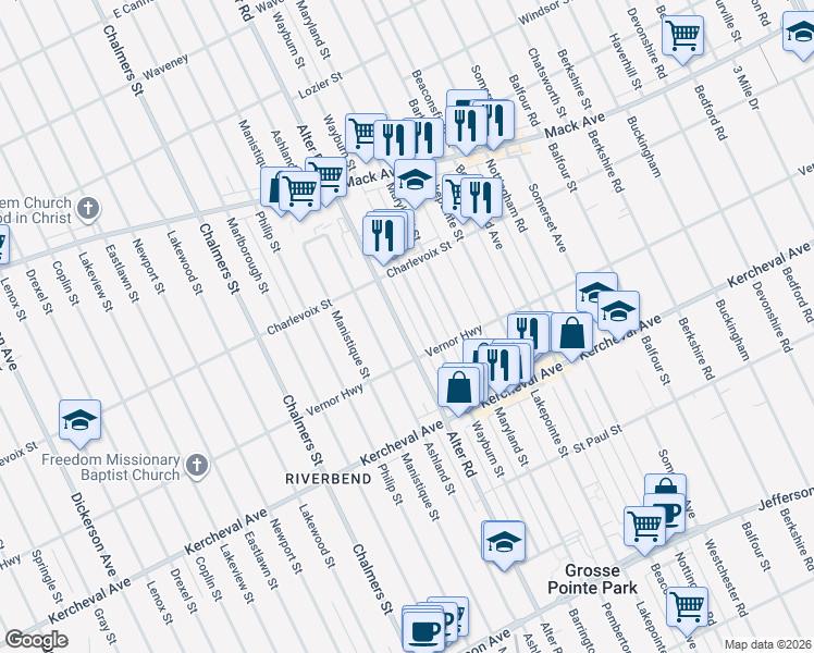 map of restaurants, bars, coffee shops, grocery stores, and more near 2500 Alter Road in Detroit