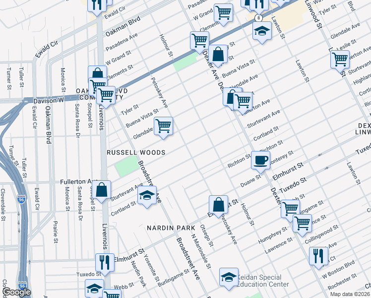 map of restaurants, bars, coffee shops, grocery stores, and more near 4268 Sturtevant Street in Detroit