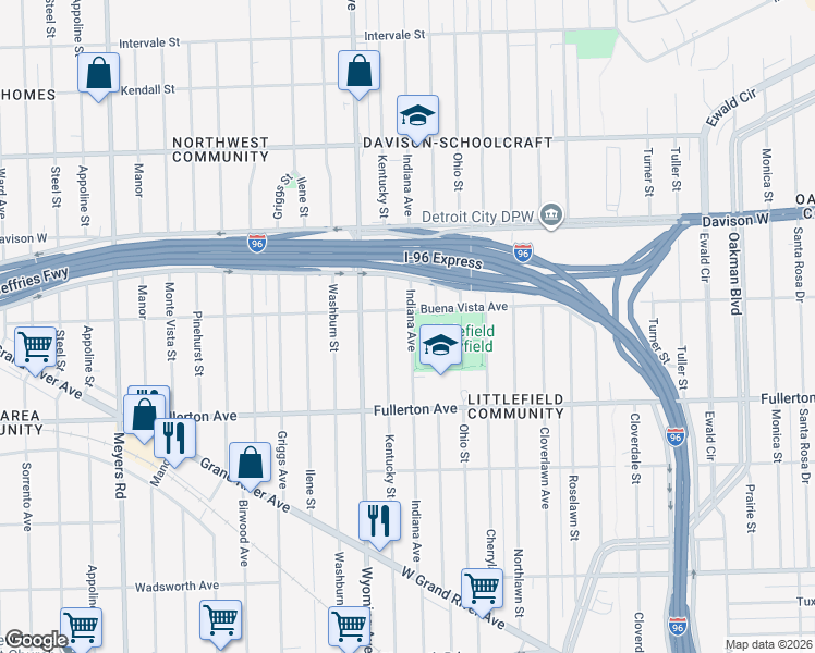 map of restaurants, bars, coffee shops, grocery stores, and more near 12717 Indiana Street in Detroit