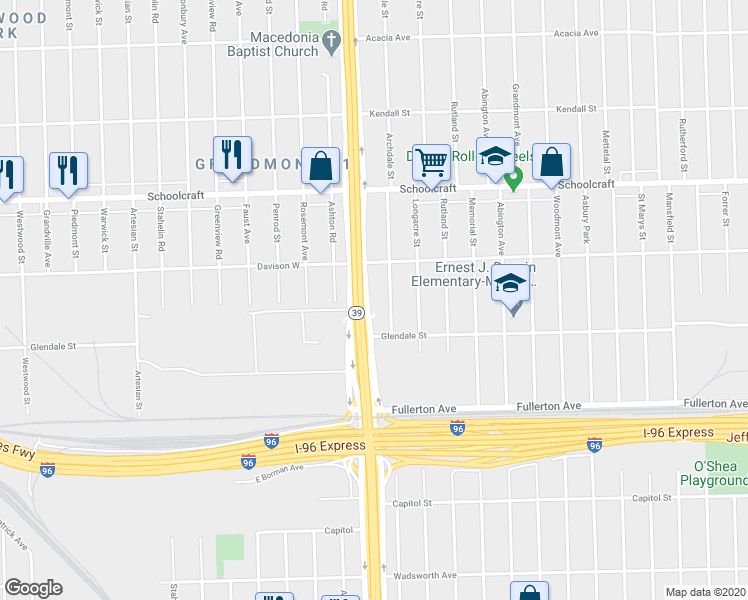 map of restaurants, bars, coffee shops, grocery stores, and more near 12835 Archdale Street in Detroit