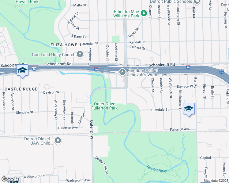 map of restaurants, bars, coffee shops, grocery stores, and more near 12645 Outer Drive West in Detroit