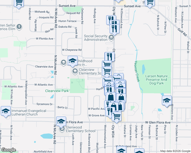 map of restaurants, bars, coffee shops, grocery stores, and more near 1607 Berwick Boulevard in Waukegan
