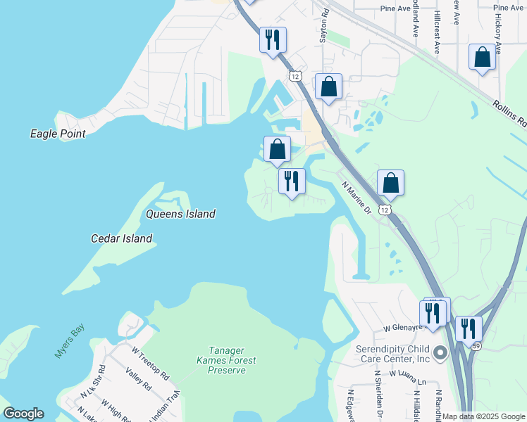 map of restaurants, bars, coffee shops, grocery stores, and more near 535 Circle Drive in Fox Lake