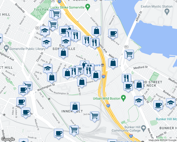 map of restaurants, bars, coffee shops, grocery stores, and more near 41 Crescent Street in Boston