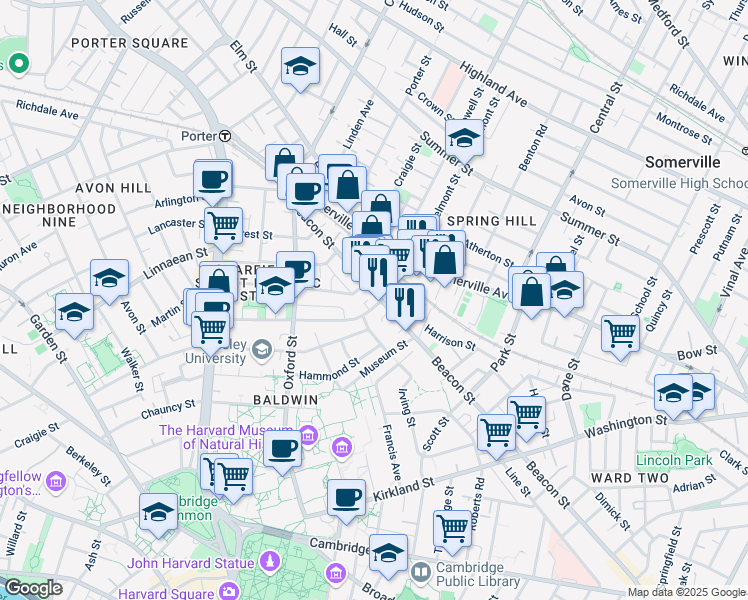 map of restaurants, bars, coffee shops, grocery stores, and more near 286 Beacon Street in Somerville