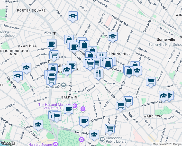 map of restaurants, bars, coffee shops, grocery stores, and more near 248 Beacon Street in Somerville