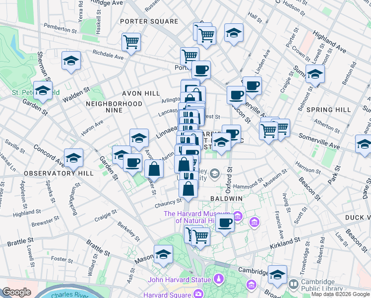map of restaurants, bars, coffee shops, grocery stores, and more near 12 Martin St in Cambridge
