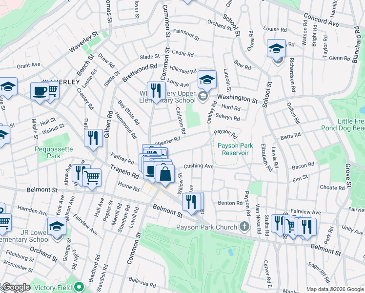 map of restaurants, bars, coffee shops, grocery stores, and more near 92 Oak Avenue in Belmont