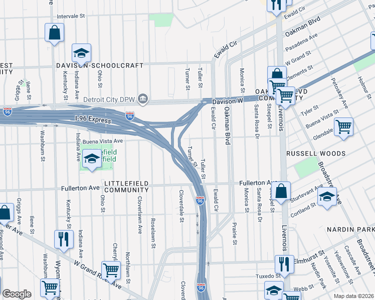 map of restaurants, bars, coffee shops, grocery stores, and more near 12741 Turner Street in Detroit