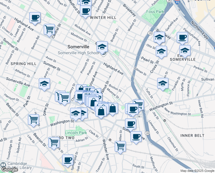 map of restaurants, bars, coffee shops, grocery stores, and more near 45 Walnut Street in Somerville