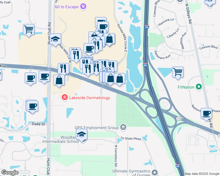 map of restaurants, bars, coffee shops, grocery stores, and more near 6120 Grand Avenue in Gurnee