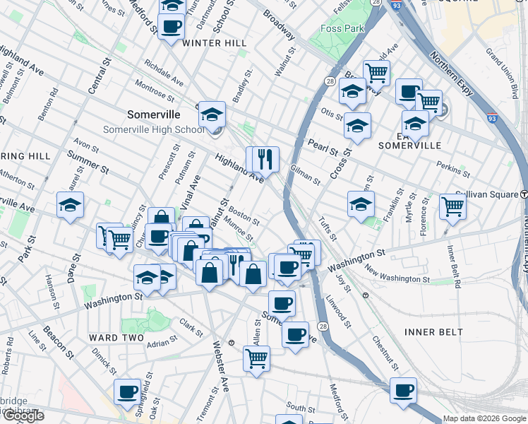 map of restaurants, bars, coffee shops, grocery stores, and more near 53 Boston Street in Somerville